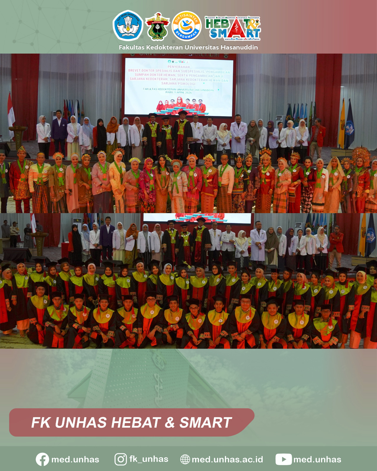 FK Unhas Gelar Penyerahan Brevet Dokter Spesialis–Subspesialis, Sumpah Dokter Hewan, dan Pengambilan Janji Sarjana